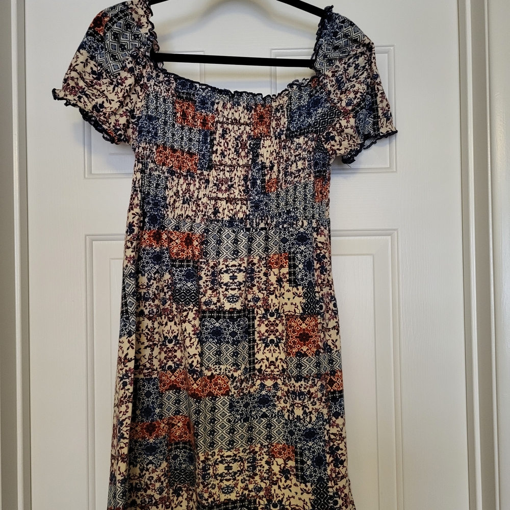 Orange and Blue Ruffled Smocked Mini Sundress